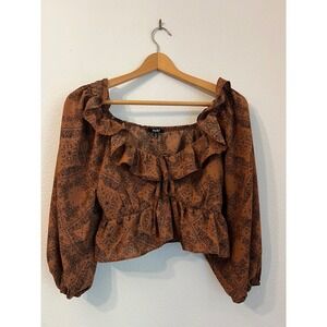 Papaya Women's Brown Paisley Print Long Sleeve Ruffle Square Neck Crop Top S